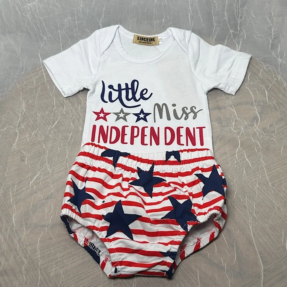 3/$20💥 Red‎ White & Blue Stars & Stripes Little Miss Independent Newborn Outfit